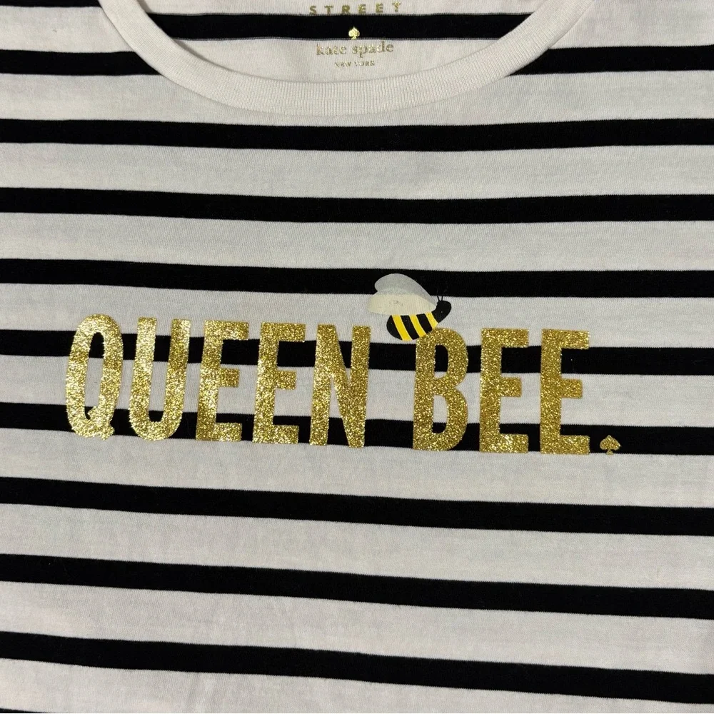 Kate Spade Size Small Queen Bee White‎ Blue Striped Tee Shirt Designer Classic